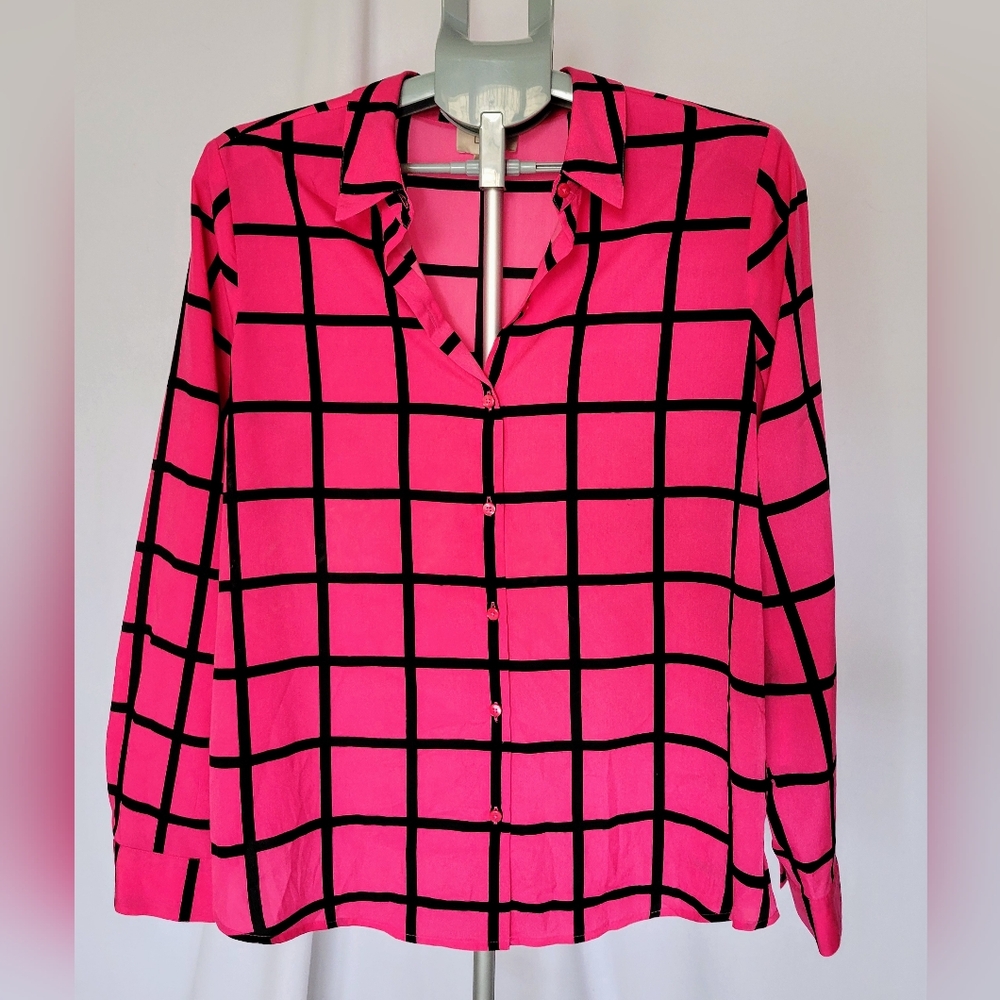 LOFT Pink and Black Graphic Blouse with Notched Collar